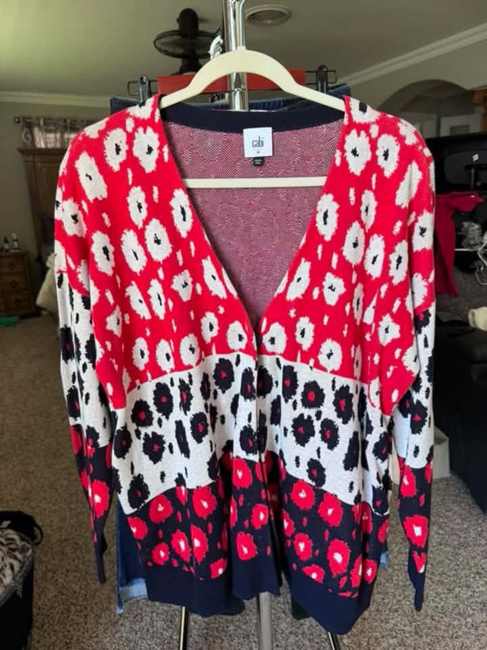 CAbi Red, White & Black Floral V-Neck Cardigan